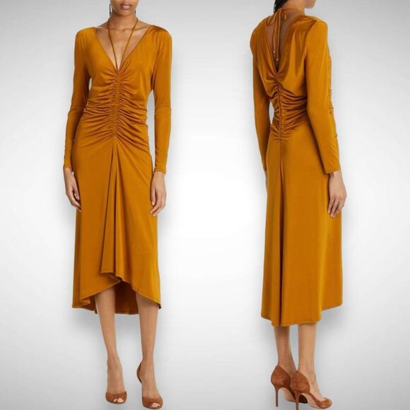Veronica Beard Gilbert Antique Gold Jersey Long Sleeve Ruched Midi Dress Size 00 - Picture 1 of 10